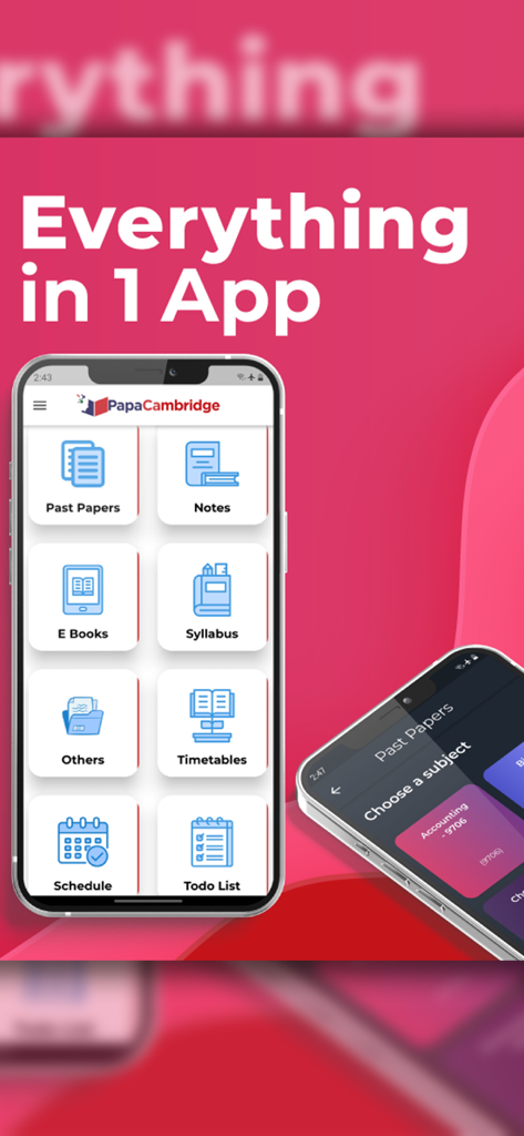 Papa Cambridge app dashboard displaying modules for past papers, notes, syllabus, and to-do lists.