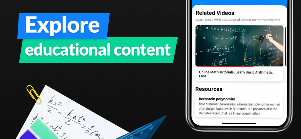 SnapCalc app interface showing math video tutorials and educational resources