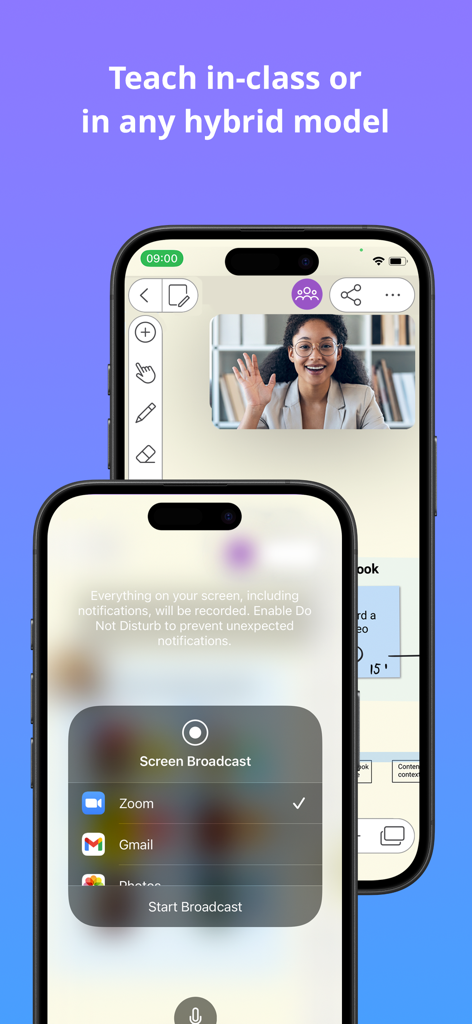 Explain Everything whiteboard app interface showing screen broadcast to Zoom for hybrid teaching