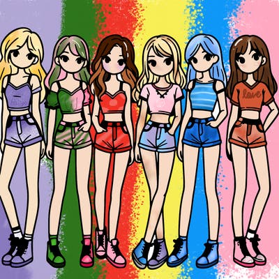 a group of girls wearing crop tops and shorts