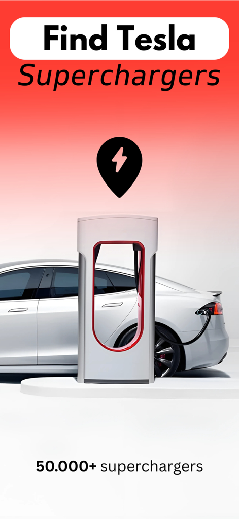 Ein weißer Tesla lädt an einer Supercharger-Station mit dem Text "find tesla superchargers"