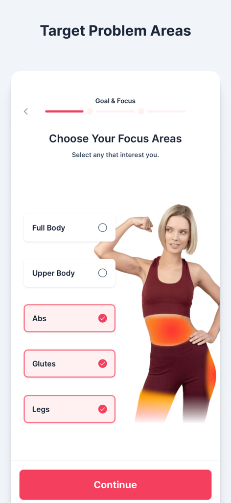 WeBurn: Home Workout for Women - Pantalla de la aplicación WeBurn que muestra a una mujer seleccionando áreas de enfoque del entrenamiento para abdominales, glúteos y piernas
