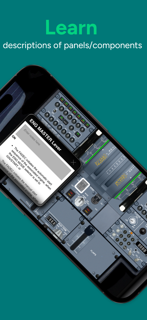 Acron A320 Cockpit Fam. - Interface de l'application de familiarisation au cockpit A320 montrant une description détaillée du levier de commande moteur