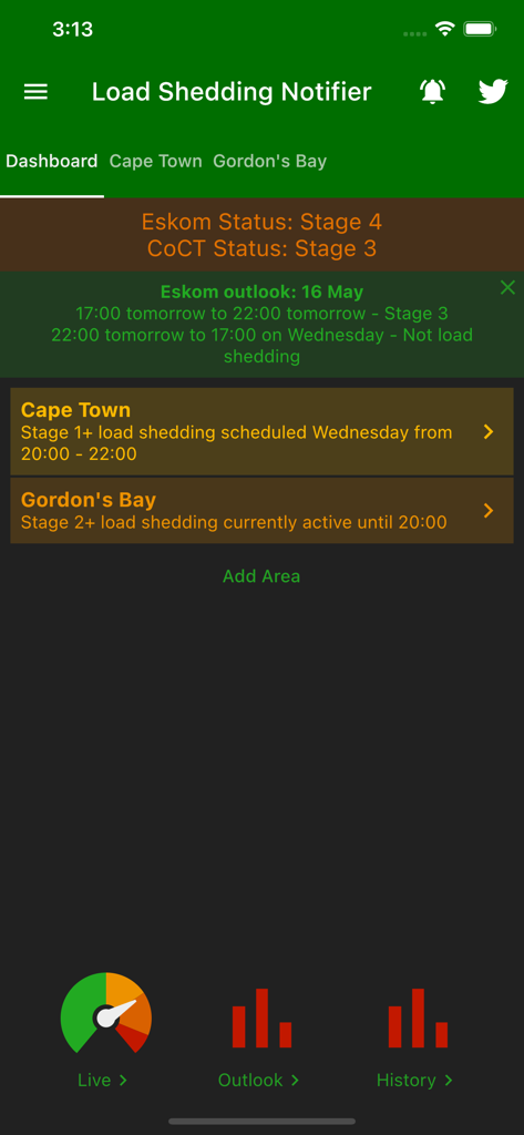 Load Shedding Notifier - Load Shedding Notifier app dashboard showing Eskom power status and scheduled outages for Cape Town