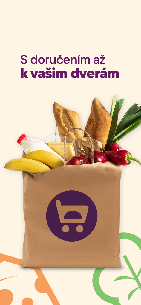 Košík.sk - A brown paper bag filled with fresh groceries and the Kosik logo with Slovak text for home delivery