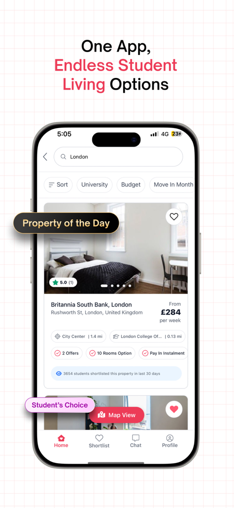 Amber: Student Housing & Apt - Interface of the Amber student housing app showing a search for accommodations in London with property details and pricing