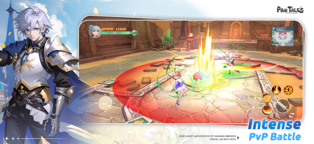 Paw Tales: Eternal Bond - Intense PvP battle scene in Paw Tales Eternal Bond mobile MMORPG featuring anime characters and pet combat.