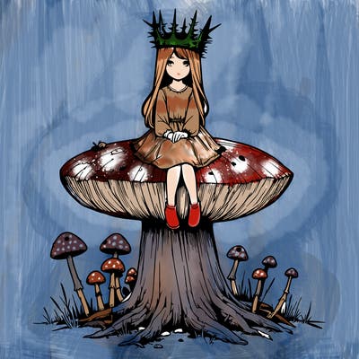 realistic girl sitting on a huge tree stump size toadstool with thorn crown