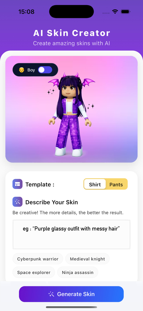 Skin Creator AI for Roblox - Interface of the AI Skin Creator app showing a Roblox avatar and a text prompt box for generating custom outfits