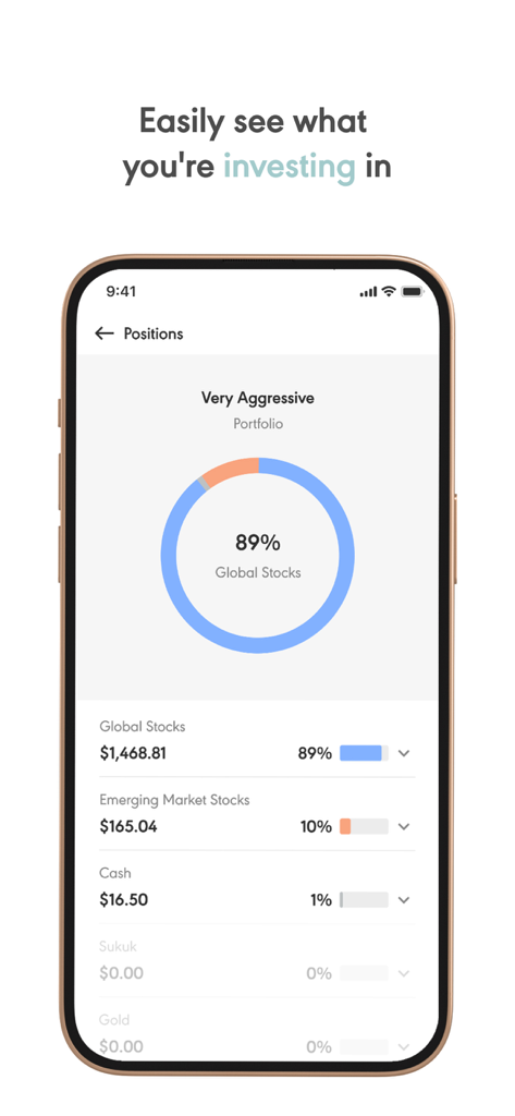 Une capture d'écran de l'application Wahed montrant la répartition d'un portefeuille d'investissement très agressif avec des actions mondiales et des marchés émergents.