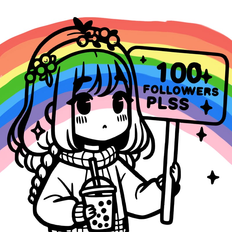 a girl holding boba with a sign next to her that says 10 followers plsss