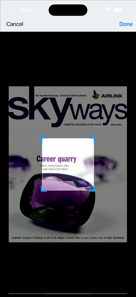 Skyways - The cover of Skyways magazine featuring a large purple gemstone and a headline about the mining industry.