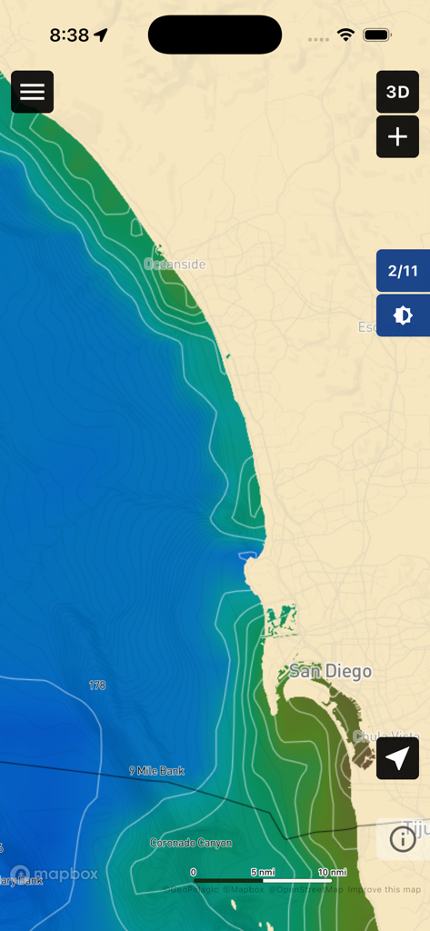 VizReport - VizReport mobile app interface displaying satellite-derived water visibility and bathymetry contours along the coast of San Diego
