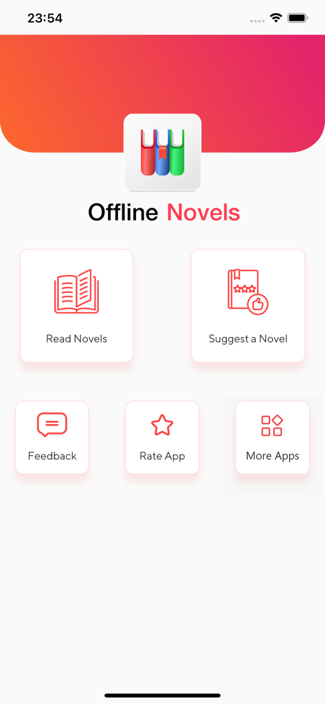 English Novel Books Offline app home screen with main menu navigation options