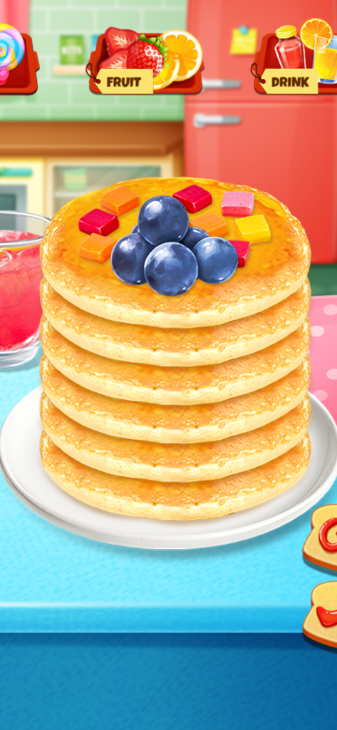 A tall stack of virtual pancakes decorated with blueberries and fruit toppings in a kitchen setting