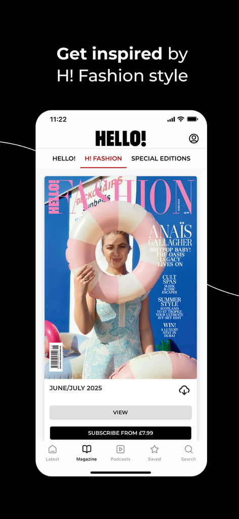 Interface of the HELLO! Magazine UK app displaying the H! Fashion edition magazine cover