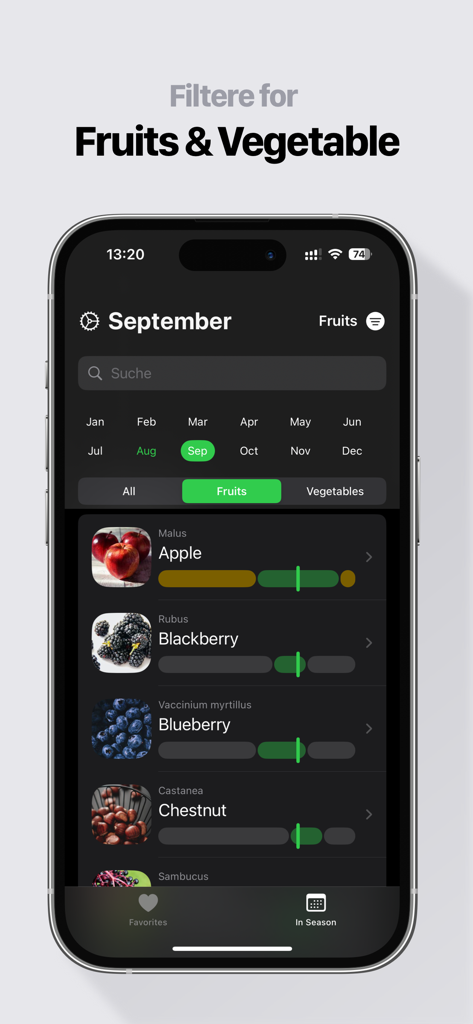In Season: eat fresh & healthy - Interface d'application mobile montrant une liste de fruits de saison disponibles en septembre