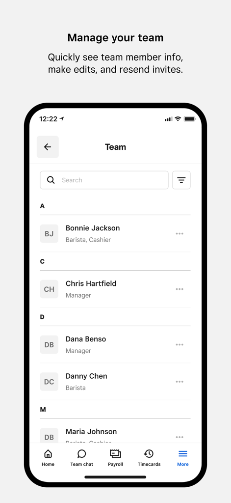 Interface of the Square Team app showing a list of team members with their job titles and management options.