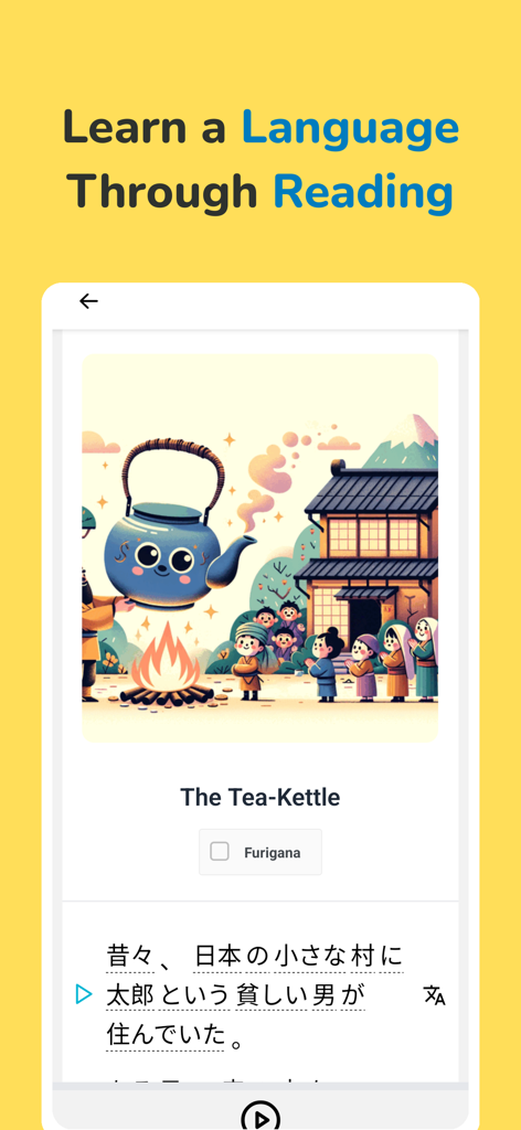 Linguin - Listening Practice - Linguin app interface displaying a Japanese short story titled The Tea-Kettle with an illustration and text for reading practice.