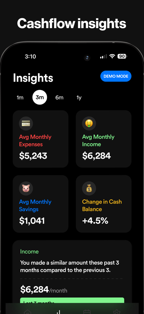 Cheddar app screen showing average monthly income expenses and savings with cashflow insights