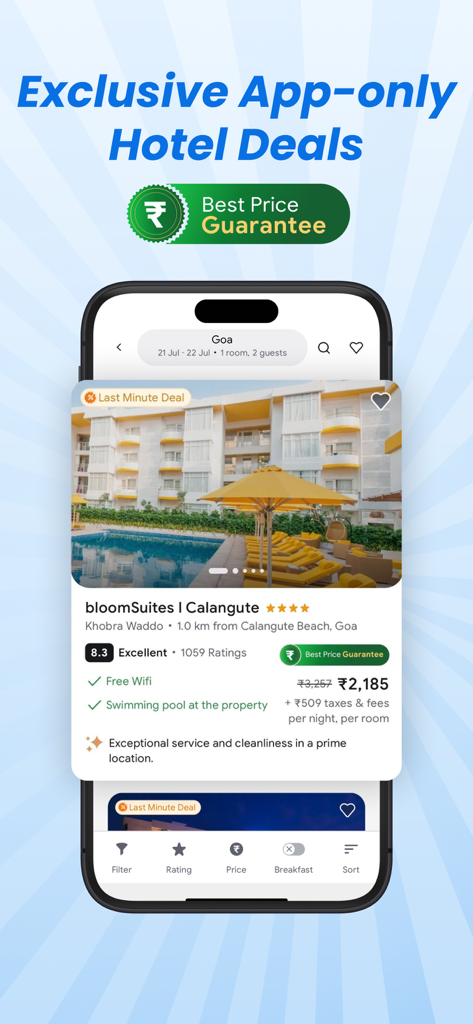 ixigo Trains: Ticket Booking - Ixigo app screen displaying exclusive hotel deals and best price guarantee for travelers in India.