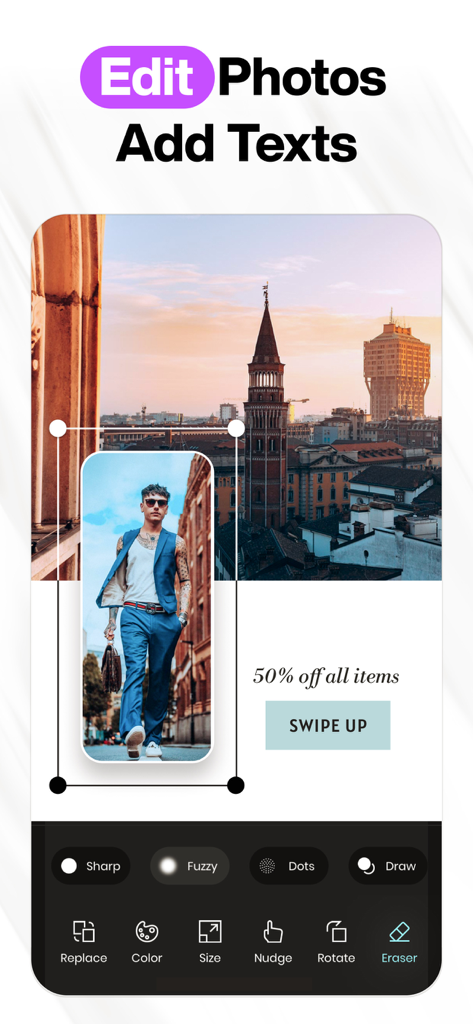Mobile app interface showing photo editing and text overlay tools for graphic design