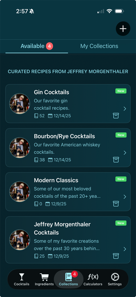 Bildschirm der Bevnap-App, der kuratierte Cocktail-Rezeptsammlungen von Jeffrey Morgenthaler zeigt, einschließlich Gin- und Bourbon-Kategorien.
