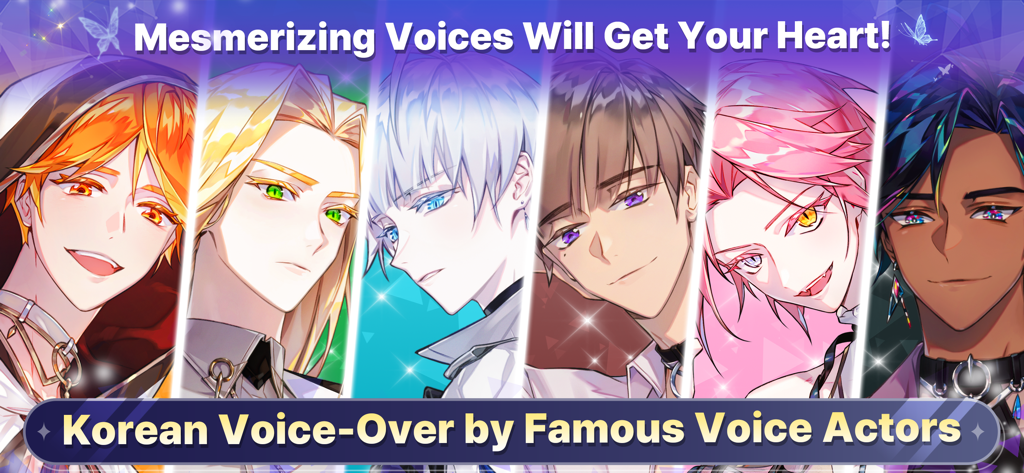 Arcana Twilight : Anime game - Six attractive male anime characters from Arcana Twilight with text highlighting Korean voice-over features.