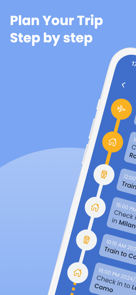 Trippy - Travel Manager - A step by step travel itinerary timeline in the Trippy app showing flight train and hotel check in details