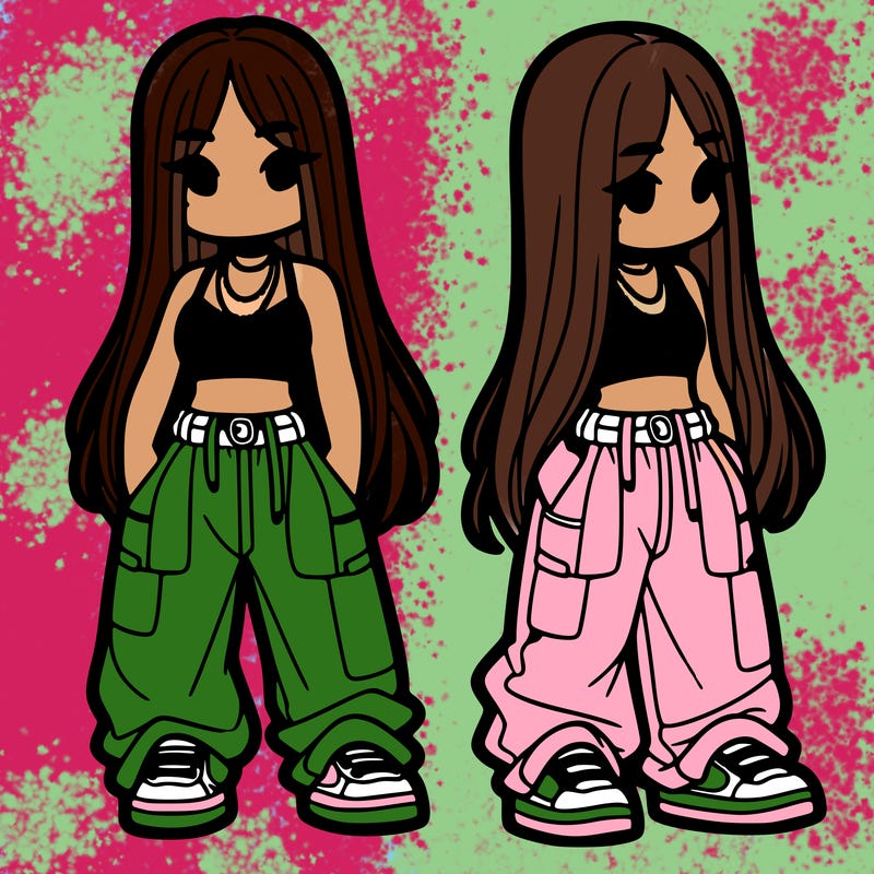 girl in baggy pants crop top and long hair
