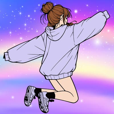 realistic girl jumping with a bun and oversized sweatshirt