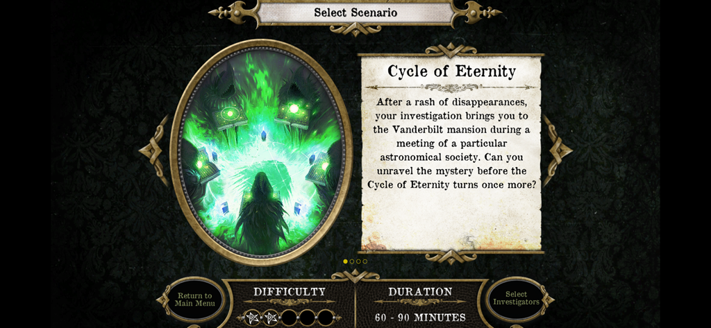 Mansions of Madness - Pantalla de selección de escenario de la aplicación Las Mansiones de la Locura para la misión El Ciclo de la Eternidad.