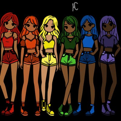 a group of girls wearing crop tops and shorts
