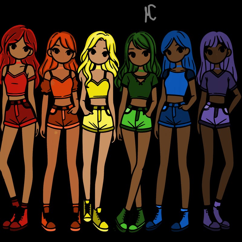 a group of girls wearing crop tops and shorts