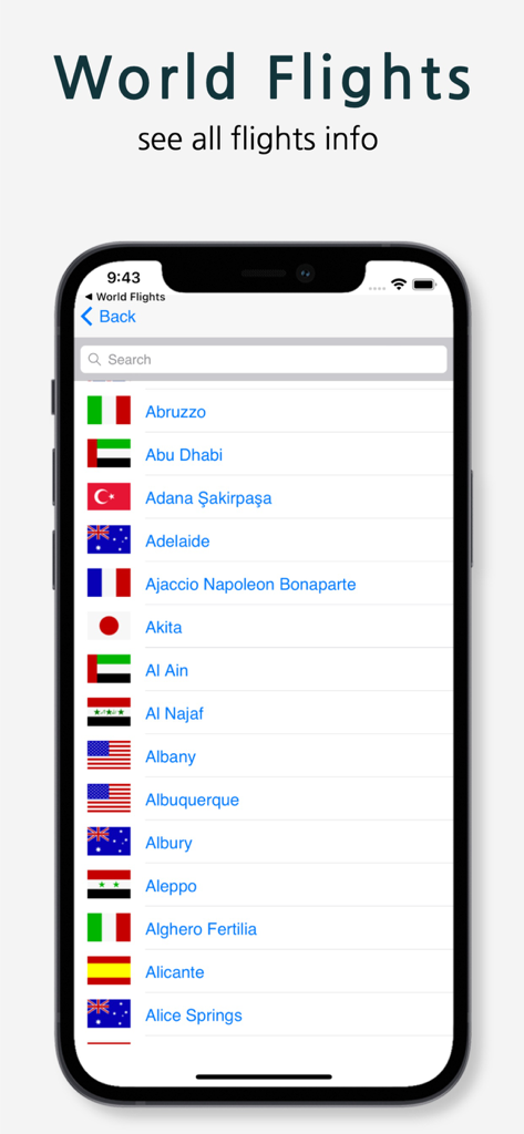 A list of international cities and airports with national flags in the World Flights app interface