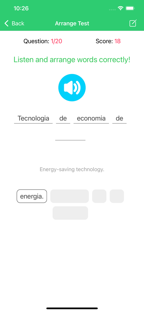 Learn Brazilian Portuguese Pre - Language learning interface showing a word arrangement test with audio and translation for Brazilian Portuguese.