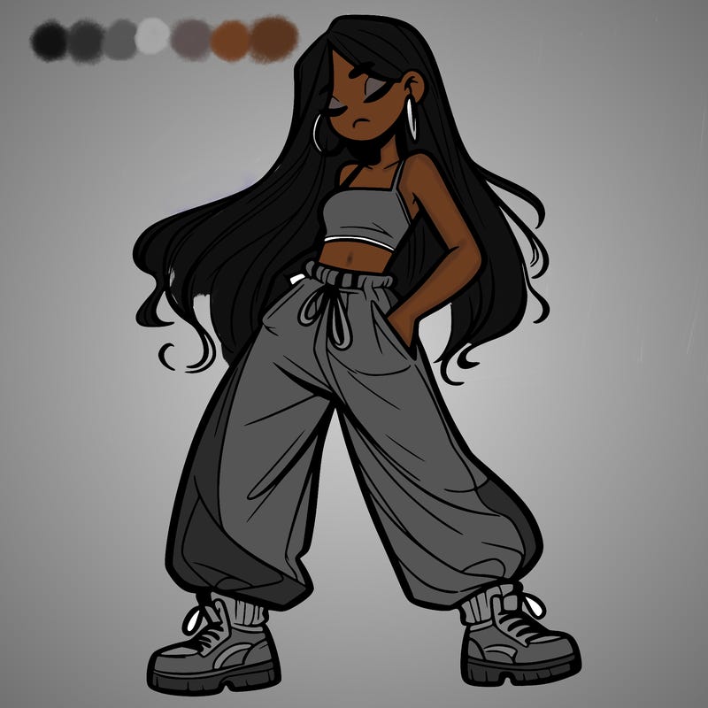 girl in baggy pants crop top and long hair