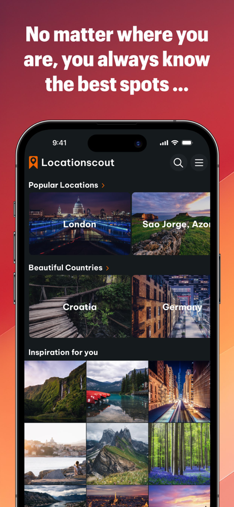 Screenshot of the Locationscout app interface showing popular photography locations and travel inspiration
