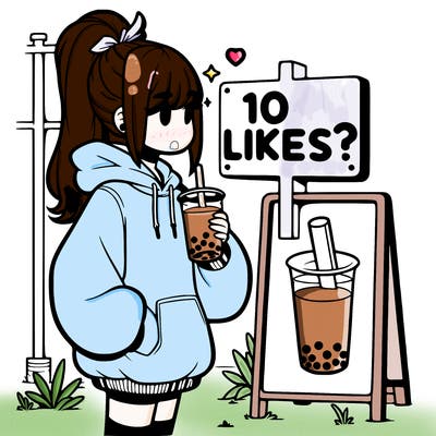 girl with oversized hoodie drinking boba and she has a high ponytail with a sign that says 10likes?
