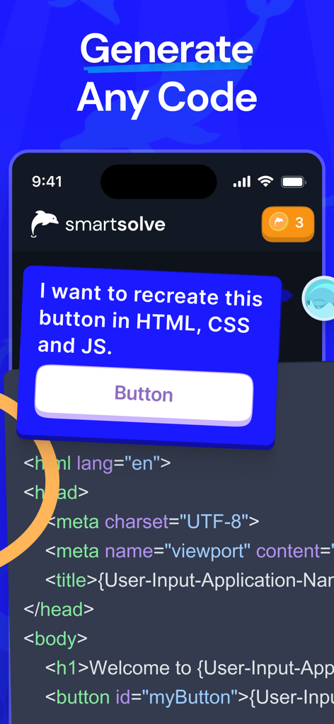 SmartSolve app interface showing a user prompt to recreate a button and the AI generating the corresponding HTML and CSS code