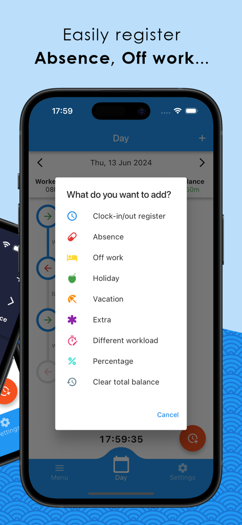 Easy Time Tracker ◴ - Easy Time Tracker app interface showing a menu to register work absences and vacation days