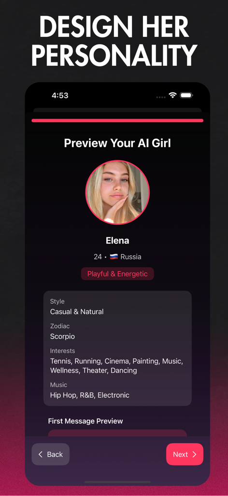 AI Chat Girlfriend - A mobile app screen for designing a virtual girlfriend personality with specific traits and interests