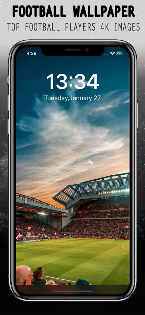 iPhone-Bildschirm zeigt ein 4K-Fußballstadion-Wallpaper