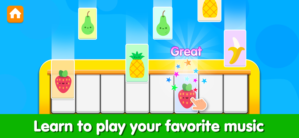 Piano Game - Music & Sounds - A colorful interactive piano game for children showing fruit icons as musical notes falling onto piano keys.