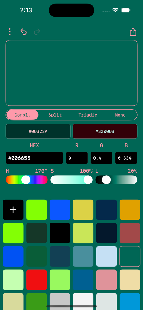 Color Picker – HEX, RGB, & HSL - Interface do aplicativo Seletor de Cores para escolher cores com valores HEX RGB e HSL, incluindo configurações de harmonia de cores e uma grade de amostras