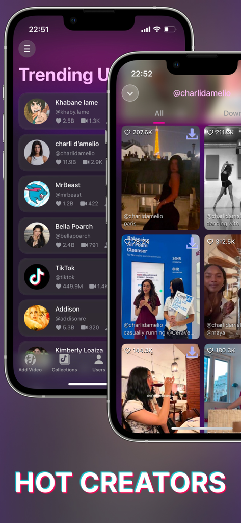SnapTik • SaveInsta • SnapTube - App screen showing a list of trending social media creators and video download options