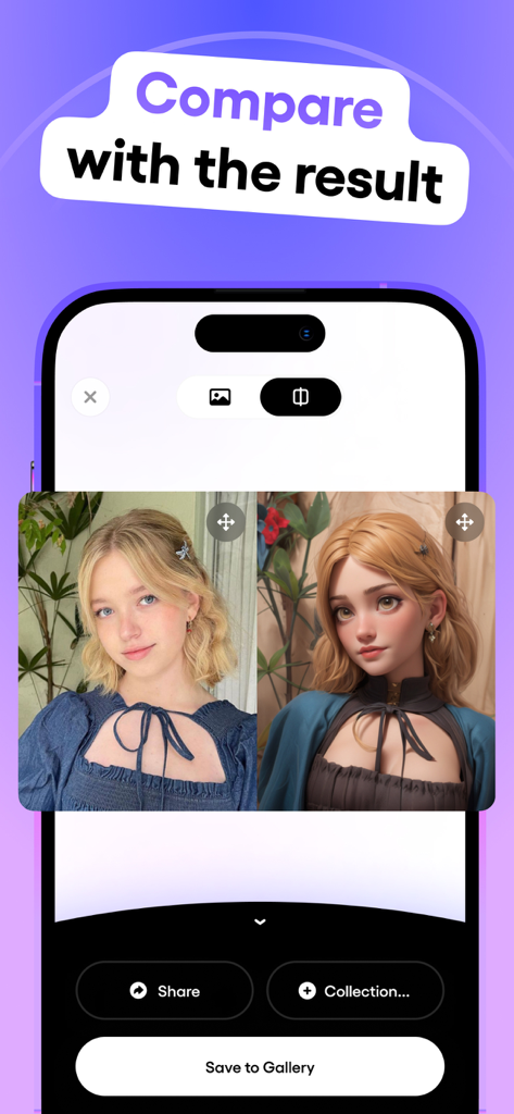Una comparación lado a lado del retrato de una mujer joven y su transformación en caricatura 3D.