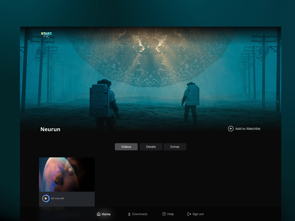 STARZ FYC television interface displaying the series Neurun for professional awards consideration