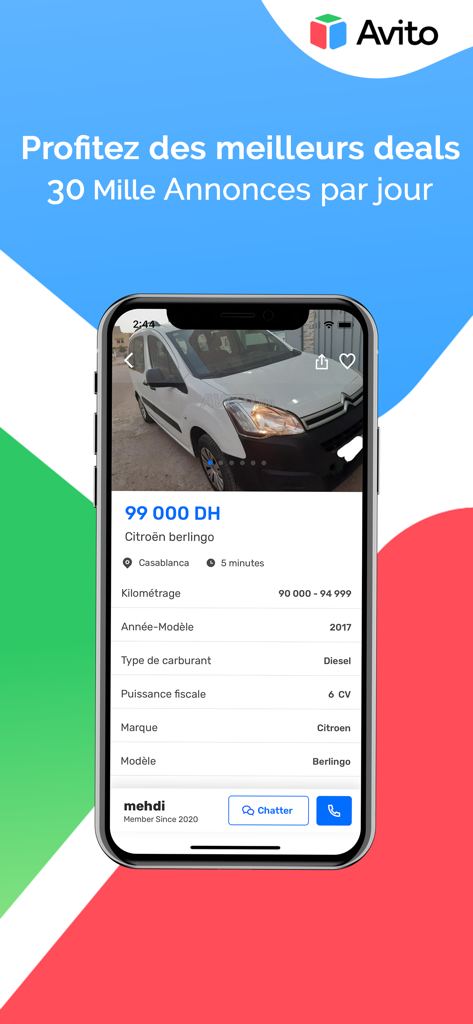 Pantalla de smartphone mostrando un coche Citroen Berlingo en venta en el marketplace Avito.ma en Marruecos.