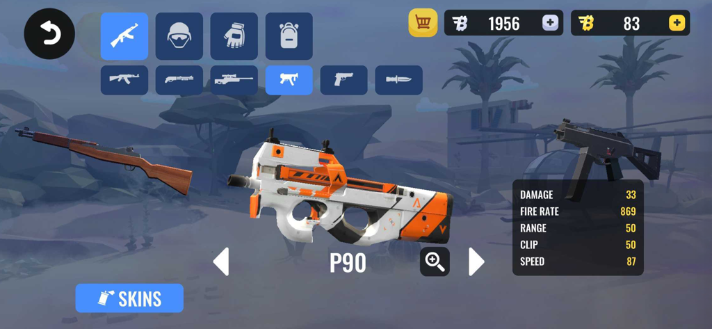 Menú de personalización de armas en BLOCKFIELD que muestra un arma P90 con una skin naranja y blanca personalizada y estadísticas